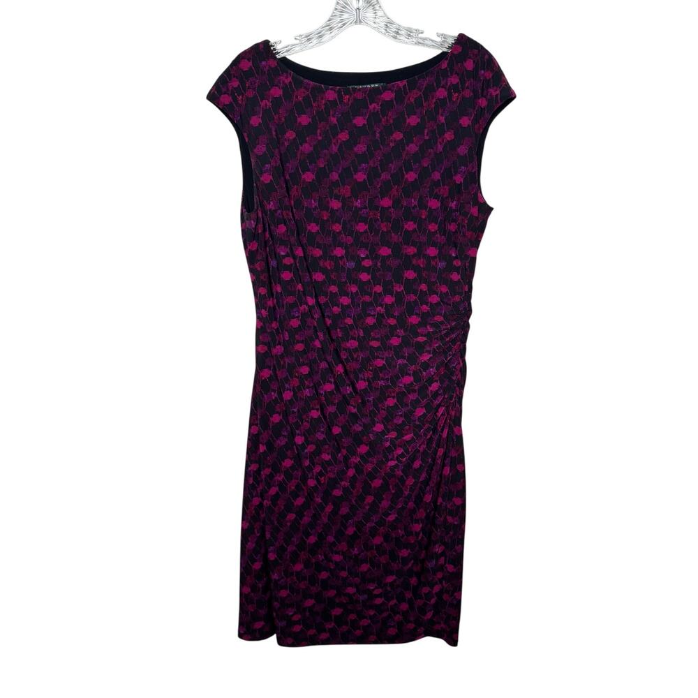 Lauren Ralph Lauren‎ Sheath Dress Size 14 Black Pink Geometric Ruched Sleeveless